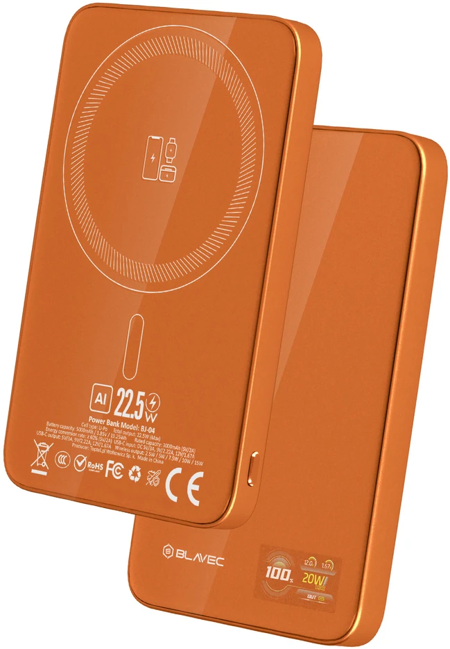 Blavec išorinė baterija 5000mAh BJ-04 itin plona 7,8 mm – C tipo – 22,5 W magnetinė „Magsafe 3 in 1“ (PBBJ04-MC5O) oranžinis stiklas