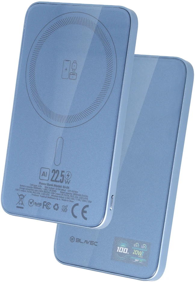 Blavec Power Bank 5000mAh BJ-04 Ultra Slim 7,8mm – Typ C – 22,5W magnetyczny indukcyjny Magsafe 3 w 1 (PBBJ04-MC5LB) Šviesiai mėlynas stiklinis