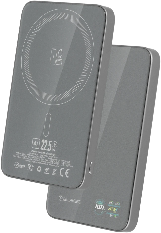 Blavec Power Bank 5000mAh BJ-04 Ultra Slim 7,8mm – Type C – 22,5W magnetic Magsafe 3 in 1 (PBBJ04-MC5G) pilkos spalvos