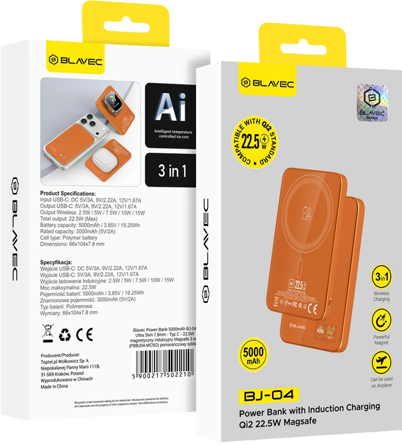 Blavec išorinė baterija 5000mAh BJ-04 itin plona 7,8 mm – C tipo – 22,5 W magnetinė „Magsafe 3 in 1“ (PBBJ04-MC5O) oranžinis stiklas