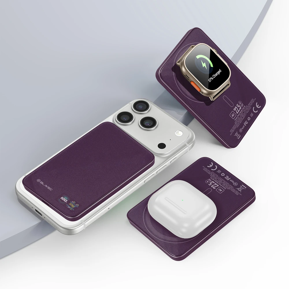 Blavec Power Bank 5000mAh BJ-04 Ultra Slim 7,8mm – Typ C – 22,5W magnetyczny indukcyjny Magsafe 3 w 1 (PBBJ04-MC5P) violetinė stiklinis