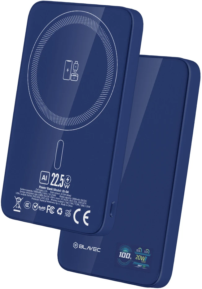„Blavec“ išorinė baterija 5000mAh BJ-04, itin plona, 7,8 mm, C tipo, 22,5 W, magnetinė, „Magsafe 3 in 1“ (PBBJ04-MC5N), tamsiai mėlynas stiklas