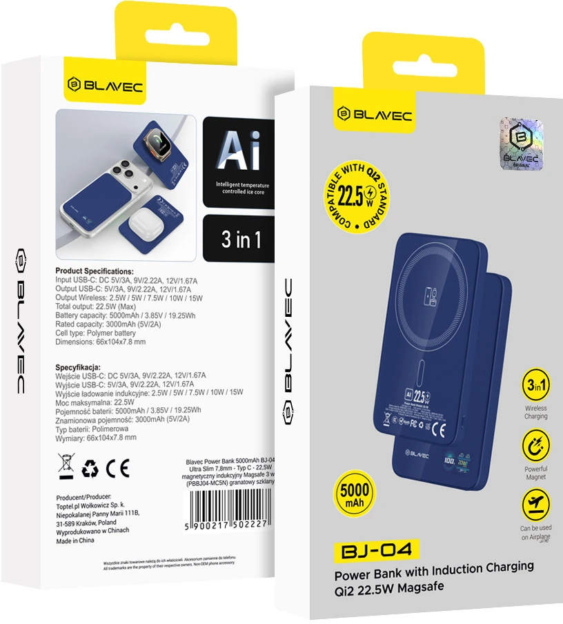 „Blavec“ išorinė baterija 5000mAh BJ-04, itin plona, 7,8 mm, C tipo, 22,5 W, magnetinė, „Magsafe 3 in 1“ (PBBJ04-MC5N), tamsiai mėlynas stiklas