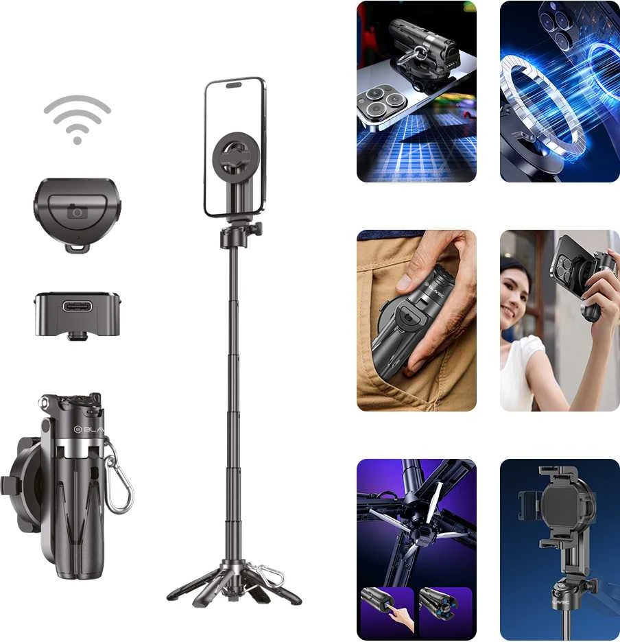 Blavec Selfie Stick Aliuminio Coco Mini P05 Magsafe tripod + distancinis + ištraukimas 0,41 metro (SSCMP05-MTRHB041) juodos spalvos