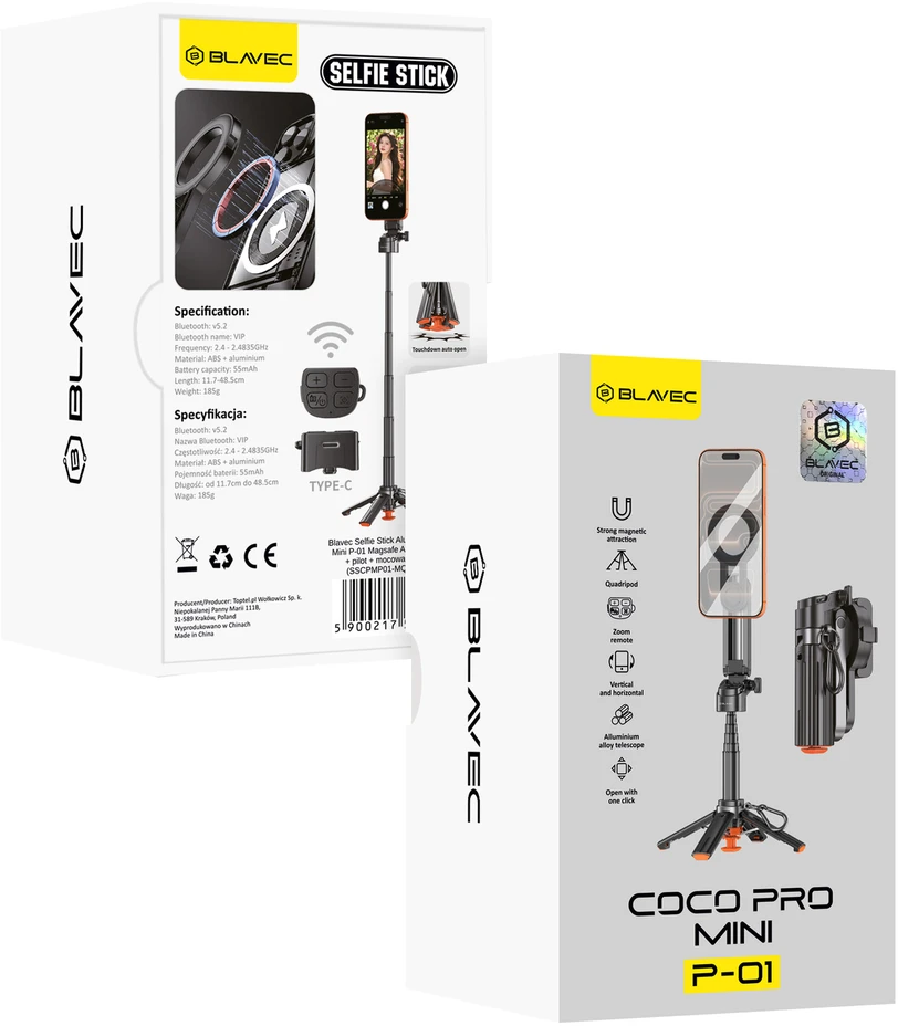 Blavec Selfie Stick Aliuminio Coco PRO Mini P-01 Magsafe Auto pop quadripod + pilot + mocowanie 0,48 m.a (SSCPMP01-MQHB048) juodos spalvos