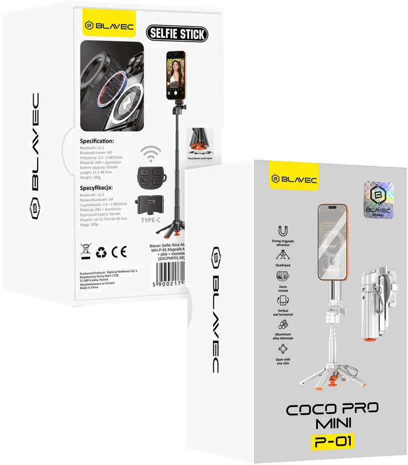 Blavec Selfie Stick Aliuminio Coco PRO Mini P-01 Magsafe Auto pop quadripod + pilot + mocowanie 0,48 m.a (SSCPMP01-MQHW048) baltos spalvos