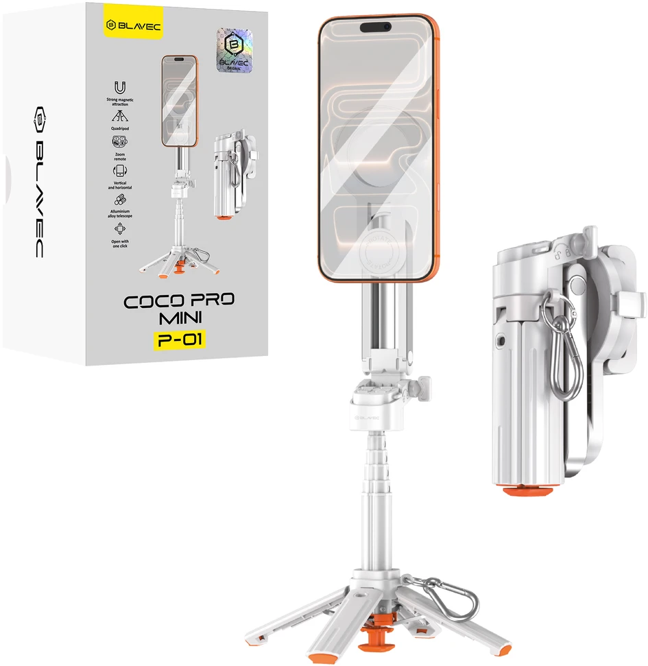 Blavec Selfie Stick Aliuminio Coco PRO Mini P-01 Magsafe Auto pop quadripod + pilot + mocowanie 0,48 m.a (SSCPMP01-MQHW048) baltos spalvos
