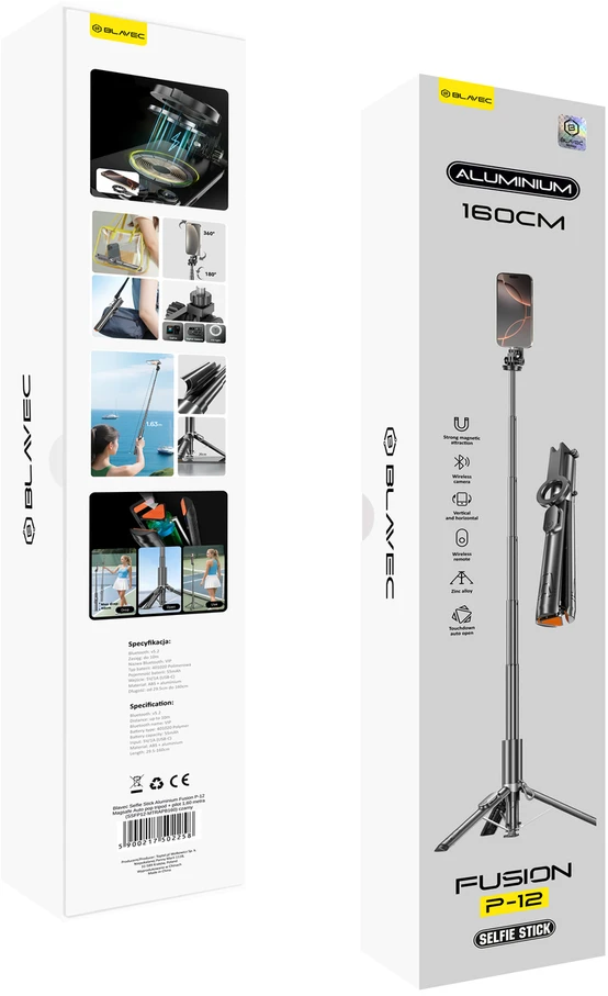 Blavec Selfie Stick Aliuminio Fusion P-12 Magsafe Auto pop tripod + remote control 1,60 metres (SSFP12-MTRAPB160) juodas