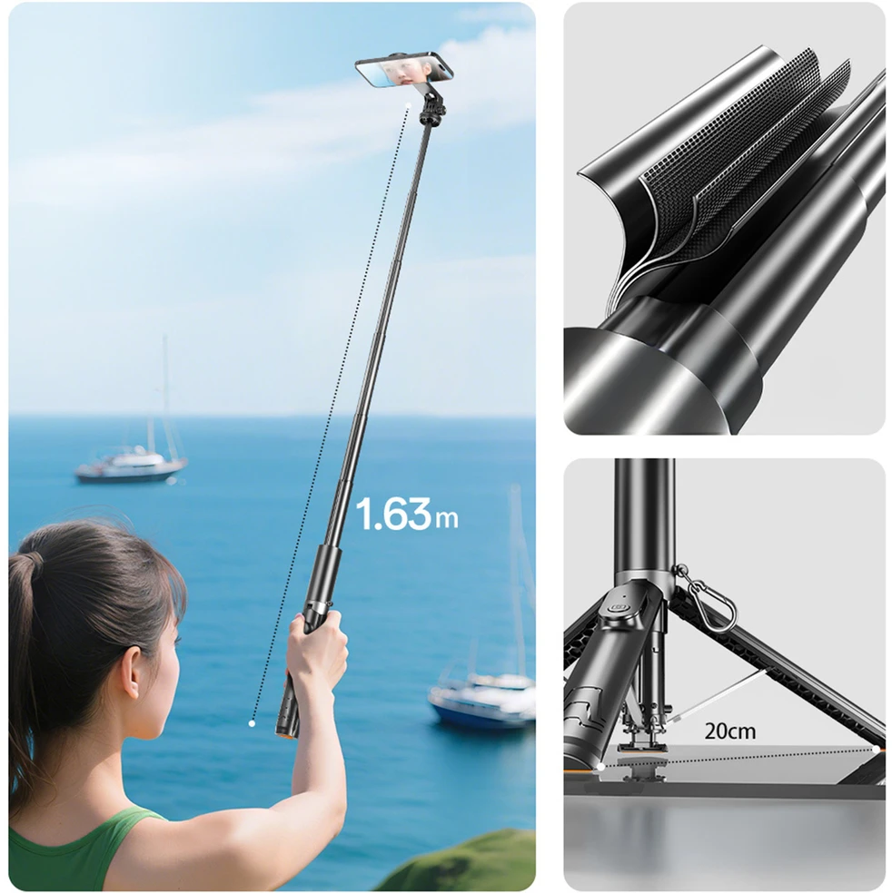 Blavec Selfie Stick Aliuminio Fusion P-12 Magsafe Auto pop tripod + remote control 1,60 metres (SSFP12-MTRAPB160) juodas