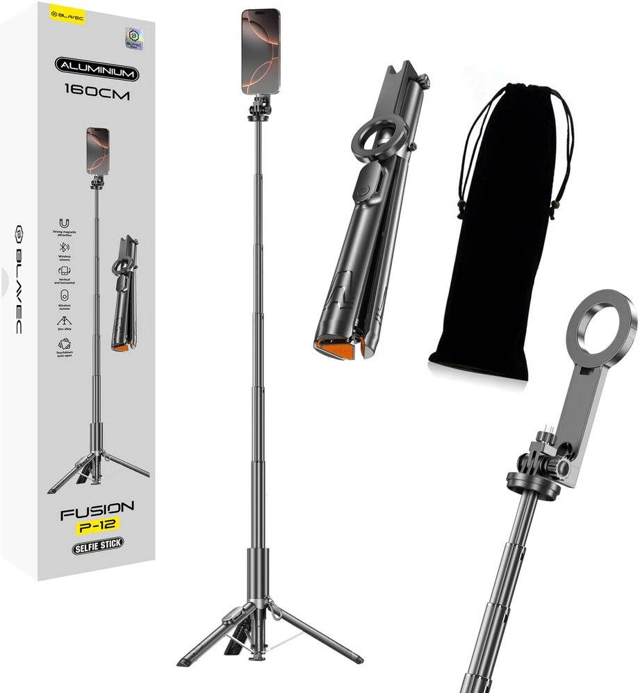 Blavec Selfie Stick Aliuminio Fusion P-12 Magsafe Auto pop tripod + remote control 1,60 metres (SSFP12-MTRAPB160) juodas