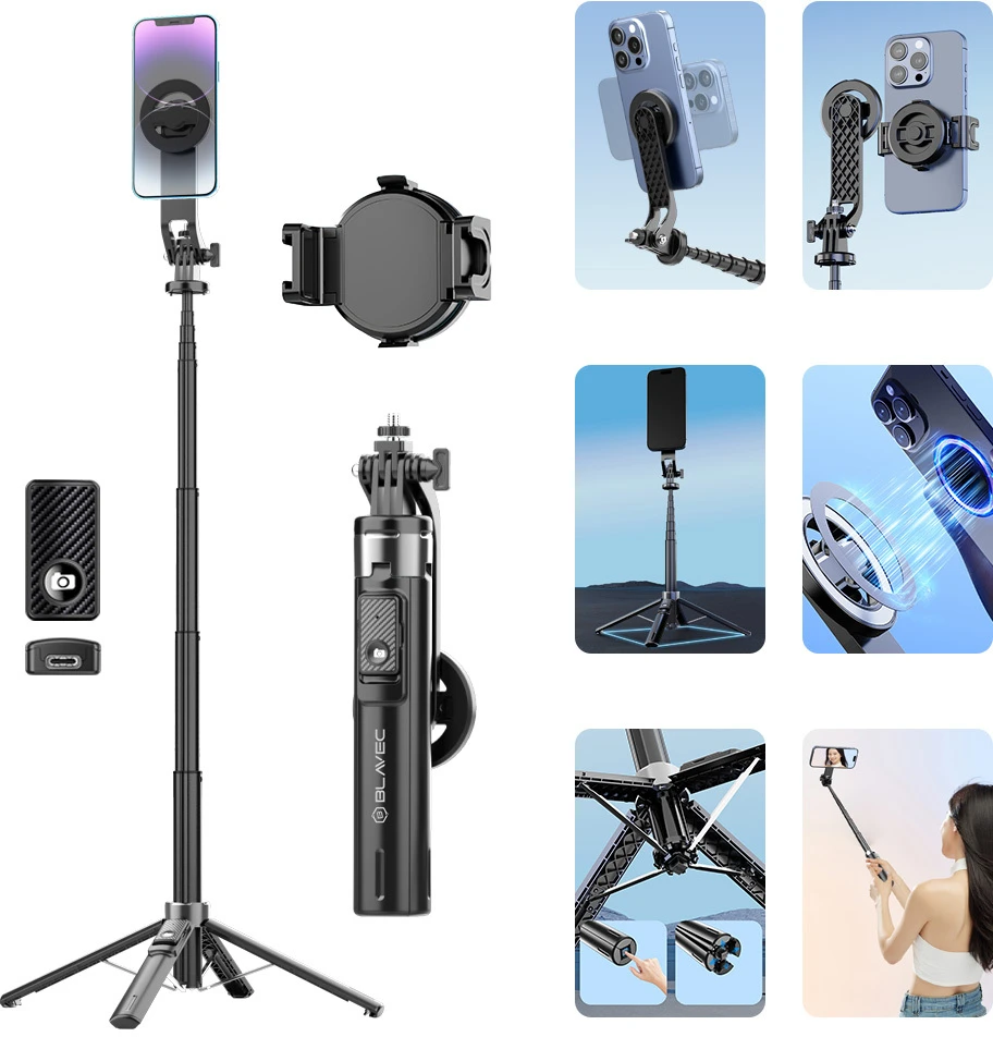 Blavec Selfie Stick Aliuminio Fusion P-06 Magsafe tripod + remote control + holder 1,34 metres (SSFP06-MTRHB134) juodos spalvos