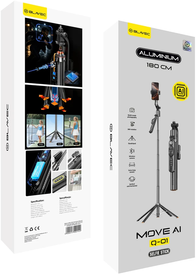 Blavec Selfie Stick Aliuminio Move AI Q-01 Auto pop tripod + remote control 1,80 metres (SSAQ01-APTRB180) juodas
