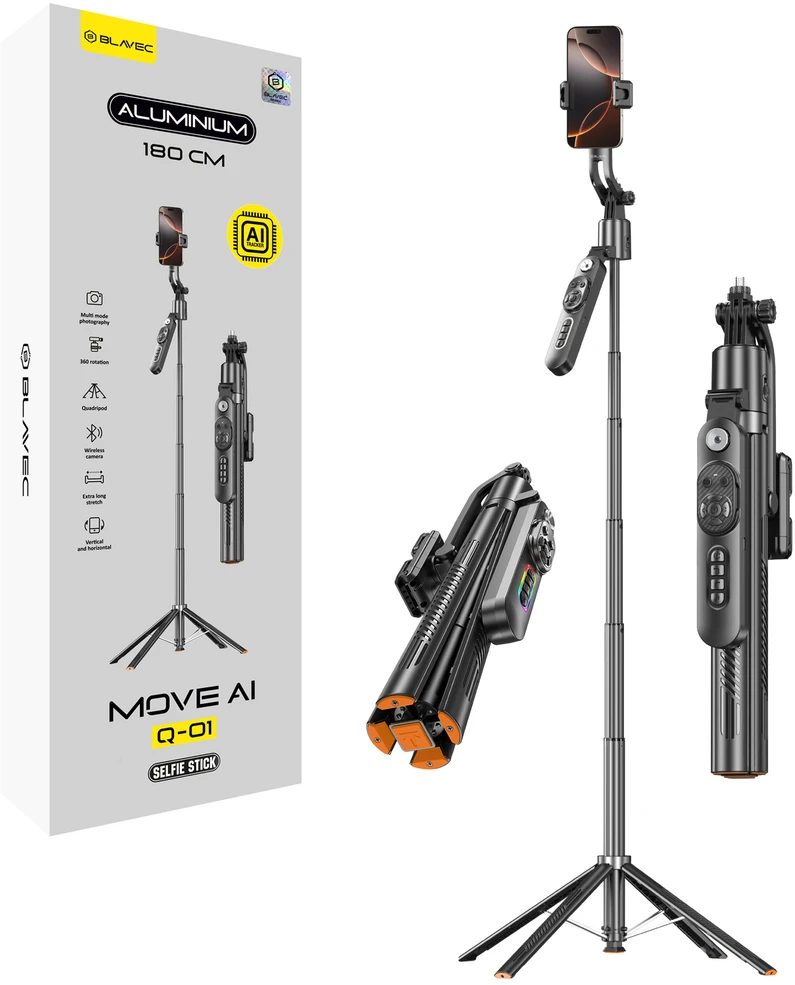 Blavec Selfie Stick Aliuminio Move AI Q-01 Auto pop tripod + remote control 1,80 metres (SSAQ01-APTRB180) juodas