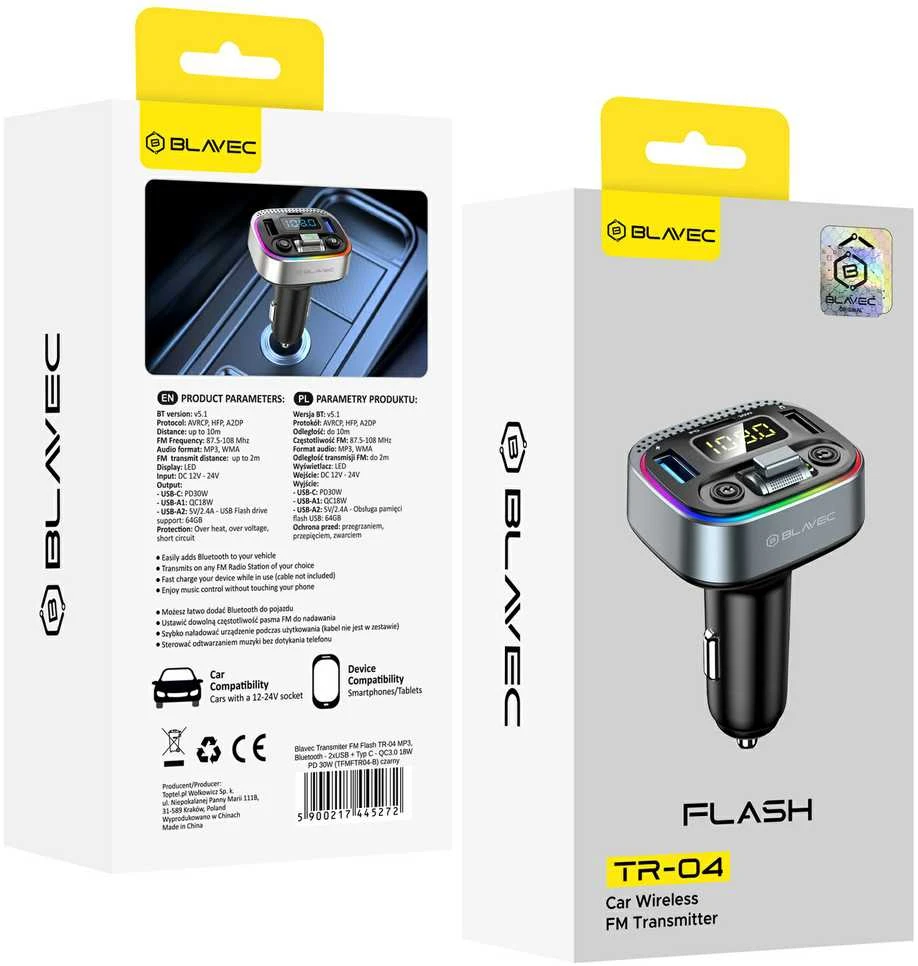 Blavec Transmiter FM Flash TR-04 MP3, Bluetooth – 2xUSB + Typ C – QC3.0 18W PD 30W (TFMFTR04-B) juodos spalvos