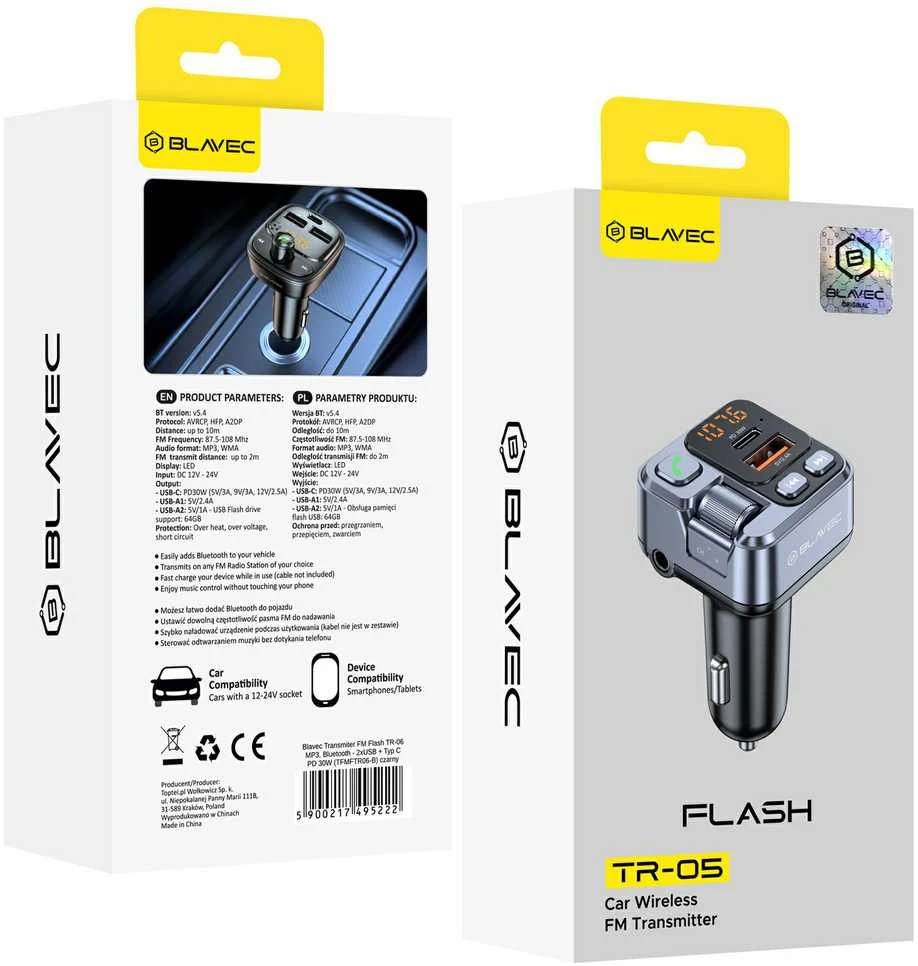 Blavec Transmiter FM Flash TR-05 MP3, Bluetooth – USB + Typ C – PD 30W (TFMFTR05-B) juodos spalvos