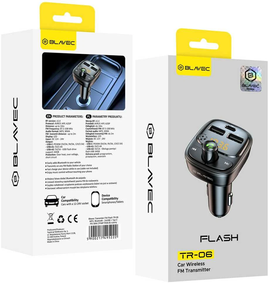 Blavec Transmiter FM Flash TR-06 MP3, Bluetooth – 2xUSB + Typ C – PD 30W (TFMFTR06-B) juodos spalvos