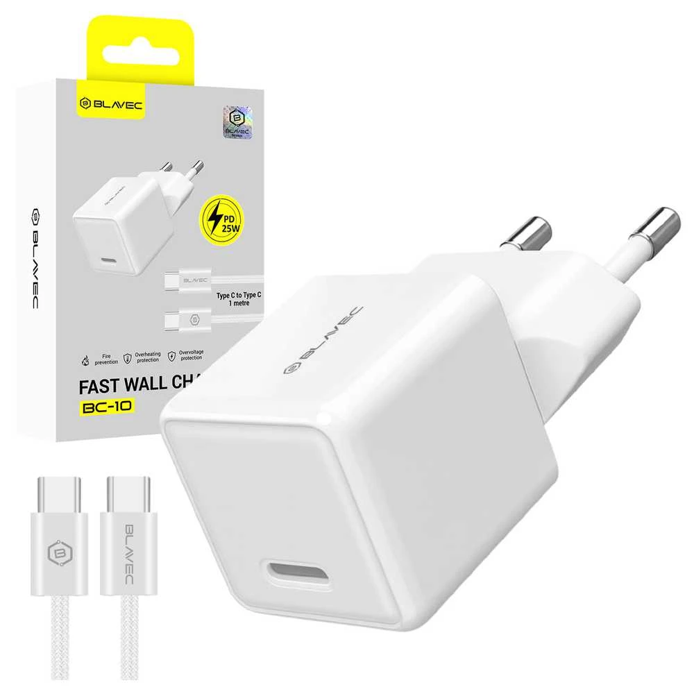 Blavec Wall charger BC-10 – Type C – PD 25W 3A with Type C to Type C cable (TCBC10-CW253A) baltos spalvos