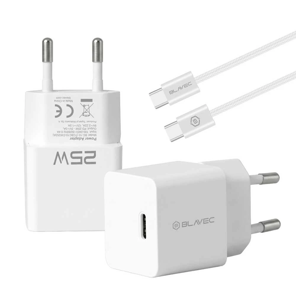 „Blavec“ sieninis įkroviklis BC-10 „Type C“ – PD 25W 3A su C–C tipo laidu (TCBC10-CW253A) baltos spalvos