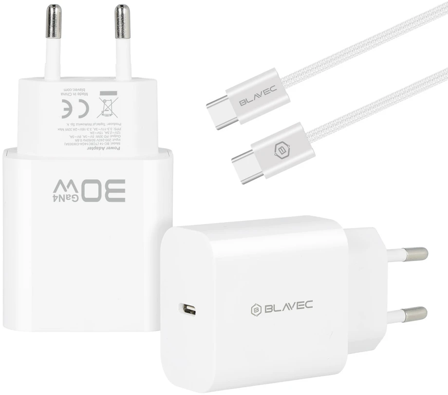 Blavec Wall charger BC-14 GaN4 – Type C – PD QC 30W 3A with Type C to Type C cable (TCBC14G4-CW303A+CC) baltas