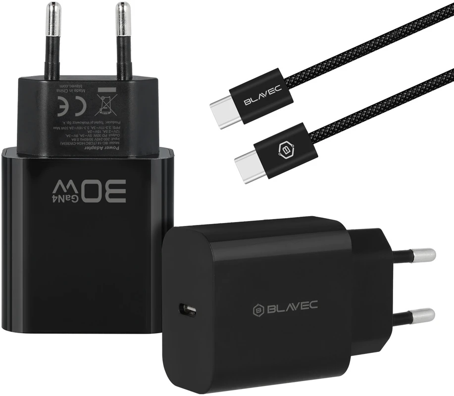 Blavec Wall charger BC-14 GaN4 – Type C – PD QC 30W 3A with Type C to Type C cable (TCBC14G4-CB303A+CC) juodas