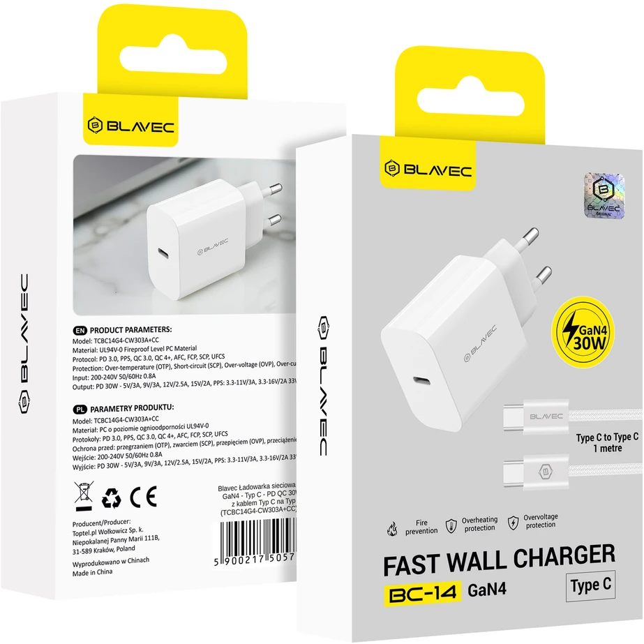 Blavec Wall charger BC-14 GaN4 – Type C – PD QC 30W 3A with Type C to Type C cable (TCBC14G4-CW303A+CC) baltas