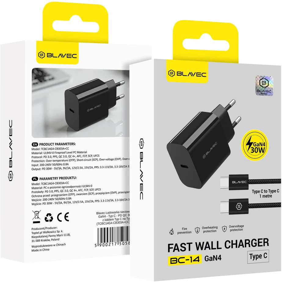 Blavec Wall charger BC-14 GaN4 – Type C – PD QC 30W 3A with Type C to Type C cable (TCBC14G4-CB303A+CC) juodas
