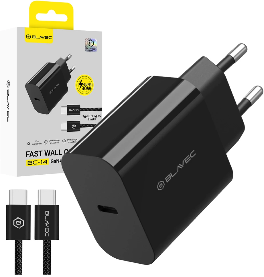 Blavec Wall charger BC-14 GaN4 – Type C – PD QC 30W 3A with Type C to Type C cable (TCBC14G4-CB303A+CC) juodas