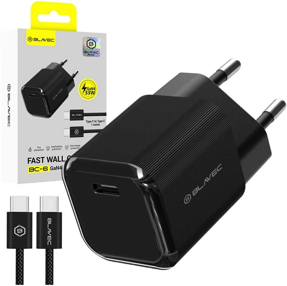„Blavec“ sieninis įkroviklis BC-6 GaN4 – C tipo – PD QC 33W 3A su C tipo į C tipo laidu (TCBC6G4-CB333A+CC) juodos spalvos