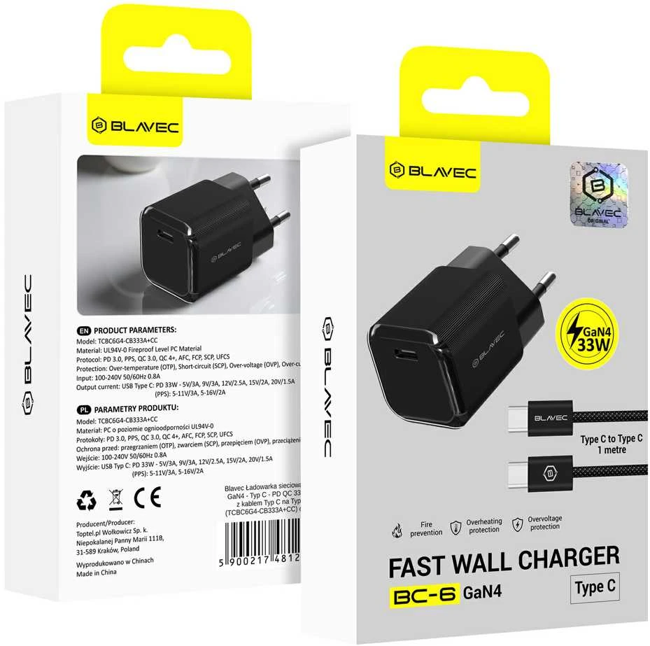„Blavec“ sieninis įkroviklis BC-6 GaN4 – C tipo – PD QC 33W 3A su C tipo į C tipo laidu (TCBC6G4-CB333A+CC) juodos spalvos