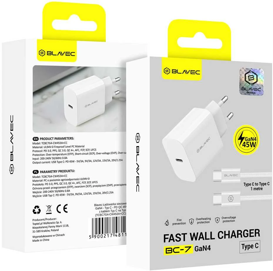 Blavec sieninis įkroviklis BC-7 GaN4 – C tipo – PD QC 45W 3A su C tipo į C tipo laidu (TCBC7G4-CW453A+CC) baltas