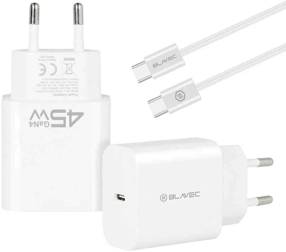 Blavec sieninis įkroviklis BC-7 GaN4 – C tipo – PD QC 45W 3A su C tipo į C tipo laidu (TCBC7G4-CW453A+CC) baltas