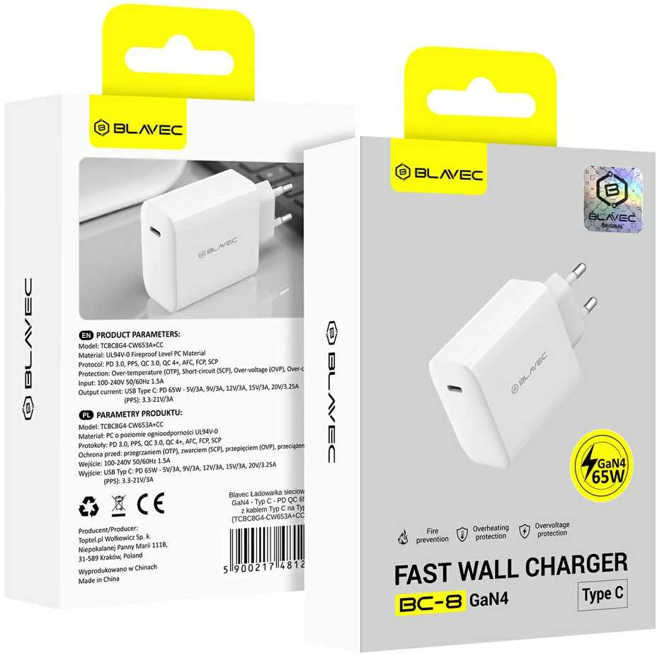 Blavec sieninis įkroviklis BC-8 GaN4 – C tipo – PD QC 65W 3A (TCBC8G4-CW653A) baltas