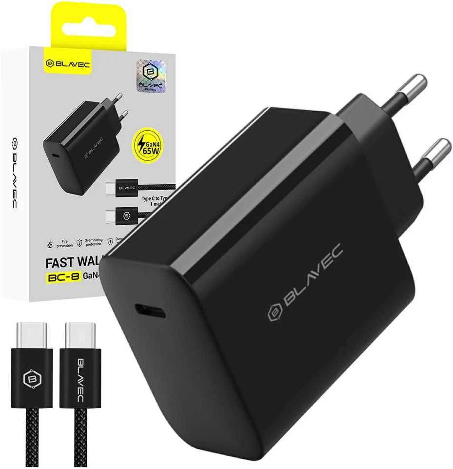 „Blavec“ sieninis įkroviklis BC-8 GaN4 – C tipo – PD QC 65W 3A su C tipo į C tipo laidu (TCBC8G4-CB653A+CC) juodos spalvos