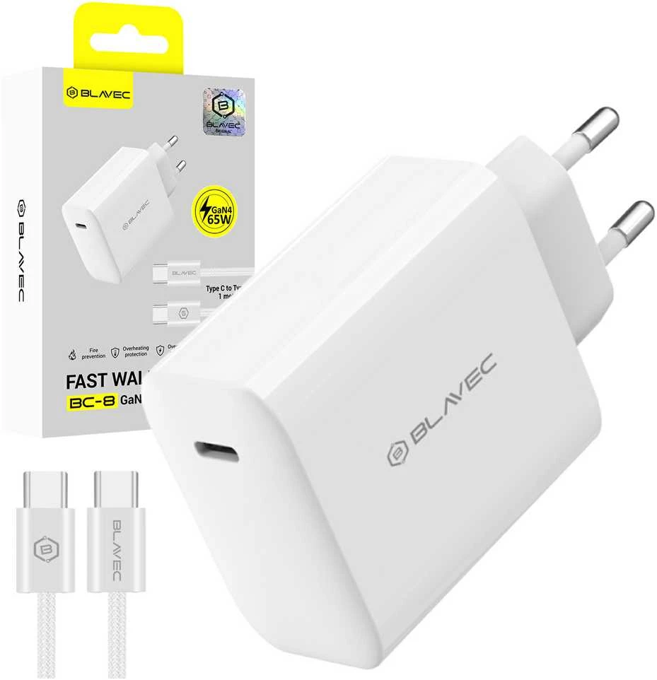 Blavec sieninis įkroviklis BC-8 GaN4 – C tipo – PD QC 65W 3A su C tipo į C tipo laidu (TCBC8G4-CW653A+CC) baltas