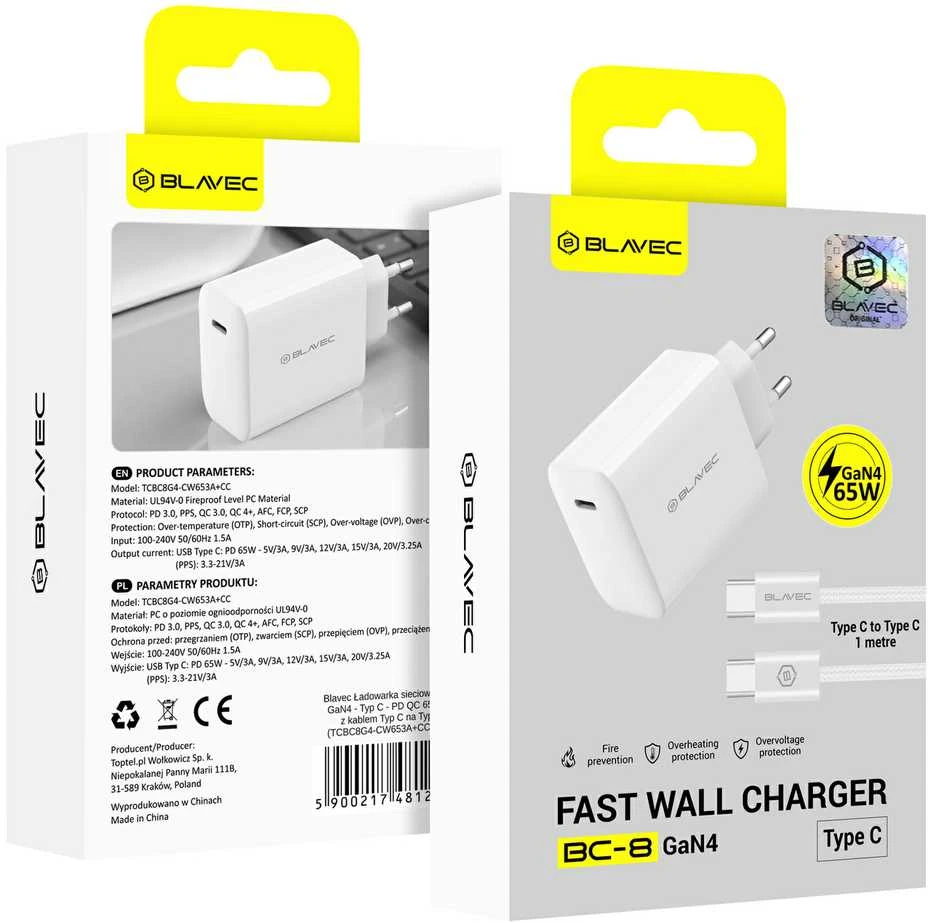 Blavec sieninis įkroviklis BC-8 GaN4 – C tipo – PD QC 65W 3A su C tipo į C tipo laidu (TCBC8G4-CW653A+CC) baltas