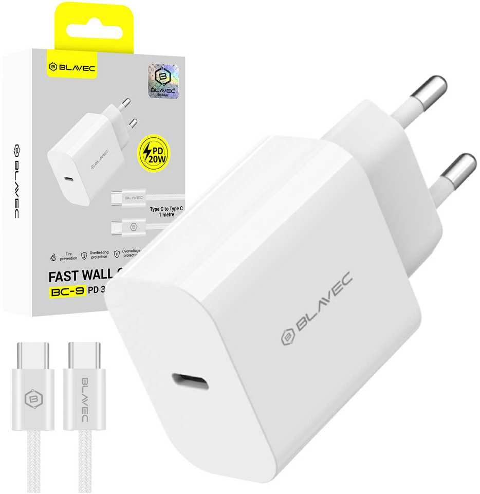 Blavec sieninis įkroviklis BC-9 – C tipo – PD 20W 3A su C tipo į C tipo laidu (TCBC9-CW203A+CC) baltas