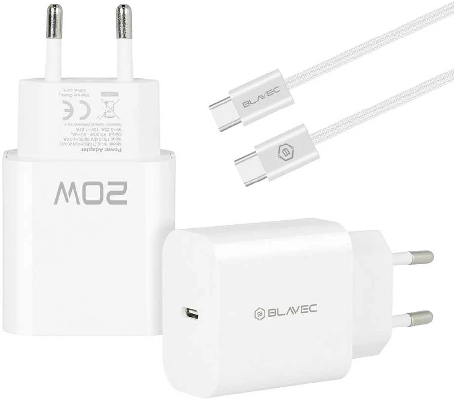 Blavec sieninis įkroviklis BC-9 – C tipo – PD 20W 3A su C tipo į C tipo laidu (TCBC9-CW203A+CC) baltas