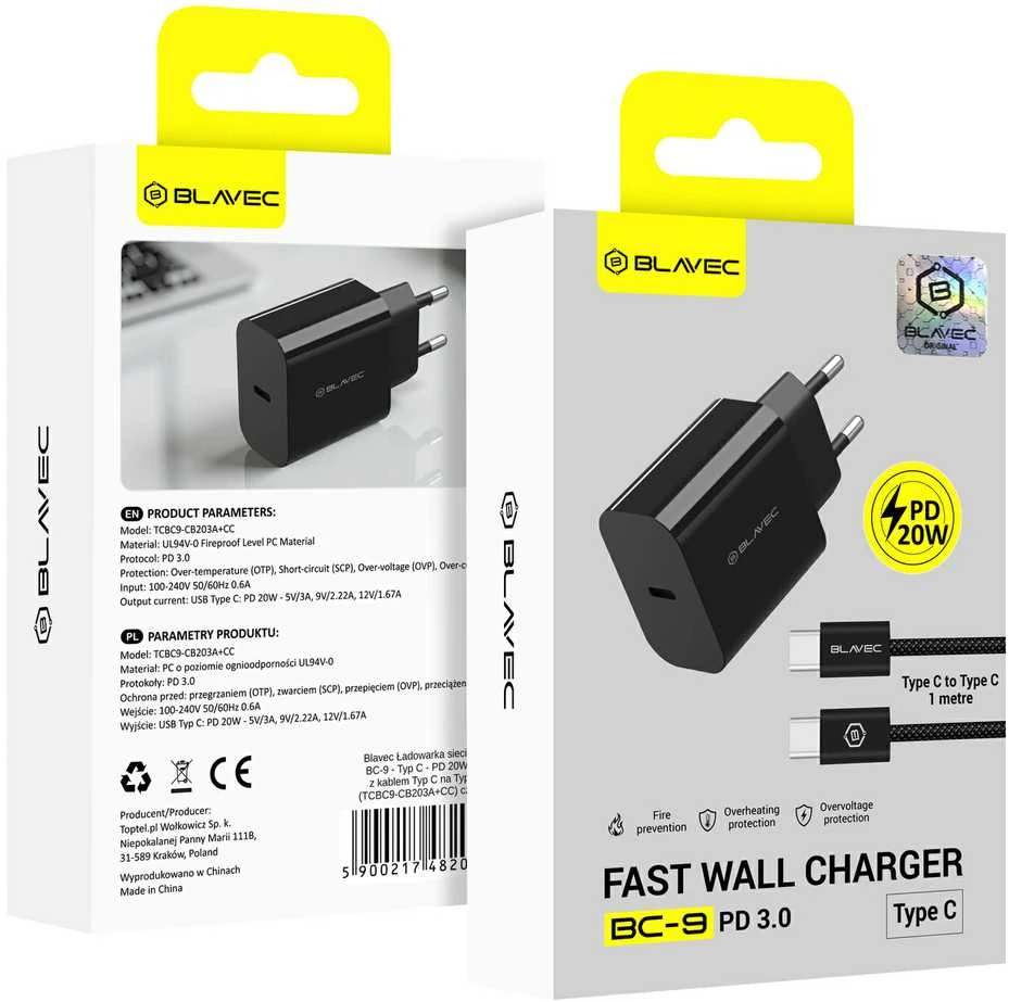 „Blavec“ sieninis įkroviklis BC-9 „Type C“ – PD 20W 3A su C–C tipo laidu (TCBC9-CB203A+CC) juodos spalvos
