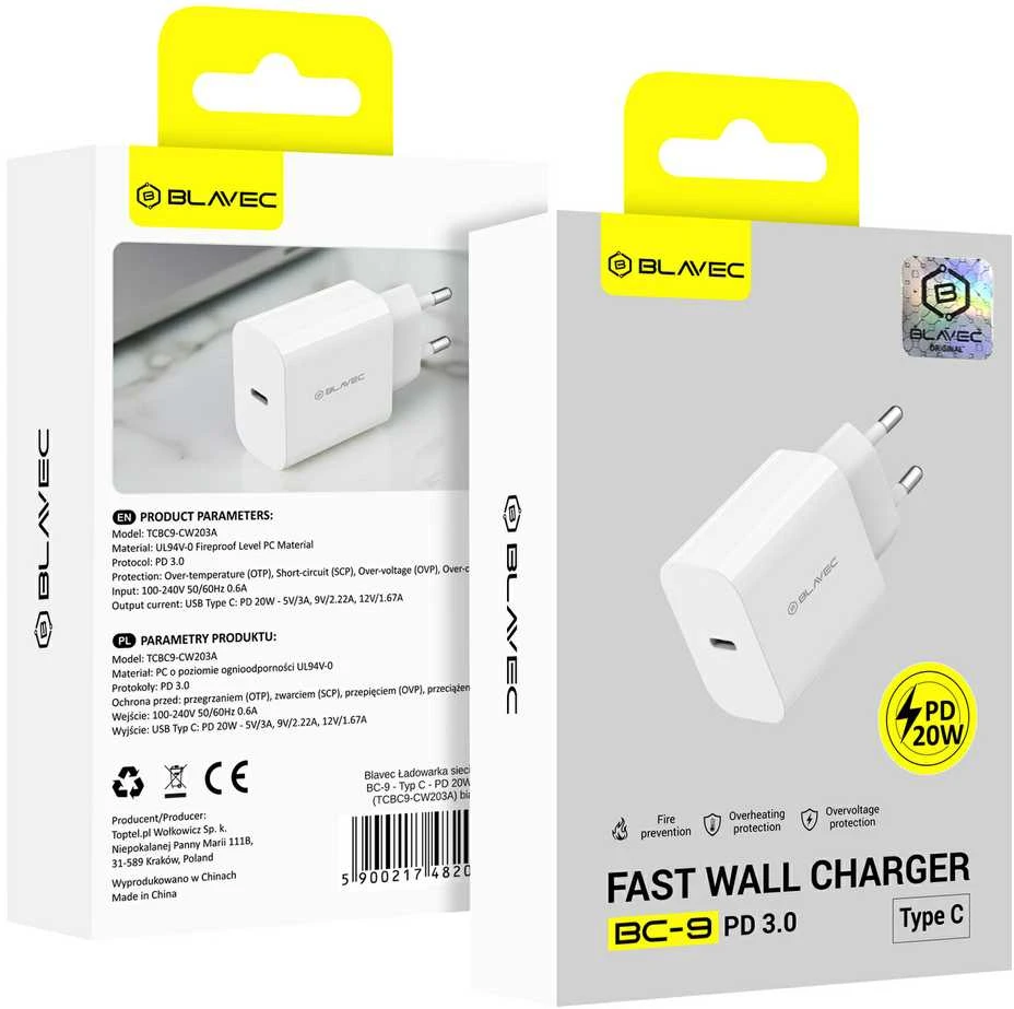 Blavec sieninis įkroviklis BC-9 – C tipo – PD 20W 3A (TCBC9-CW203A) baltas