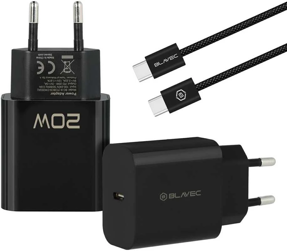 „Blavec“ sieninis įkroviklis BC-9 „Type C“ – PD 20W 3A su C–C tipo laidu (TCBC9-CB203A+CC) juodos spalvos