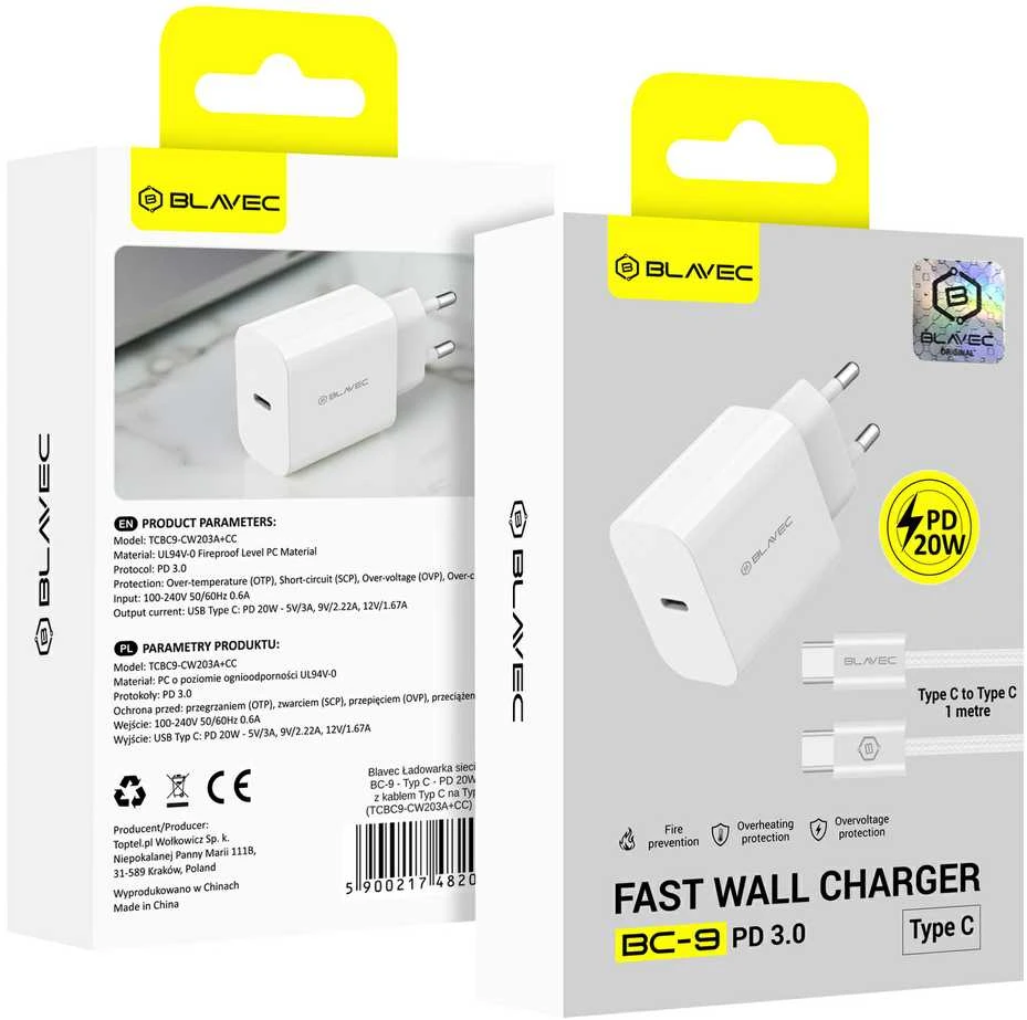 Blavec sieninis įkroviklis BC-9 – C tipo – PD 20W 3A su C tipo į C tipo laidu (TCBC9-CW203A+CC) baltas