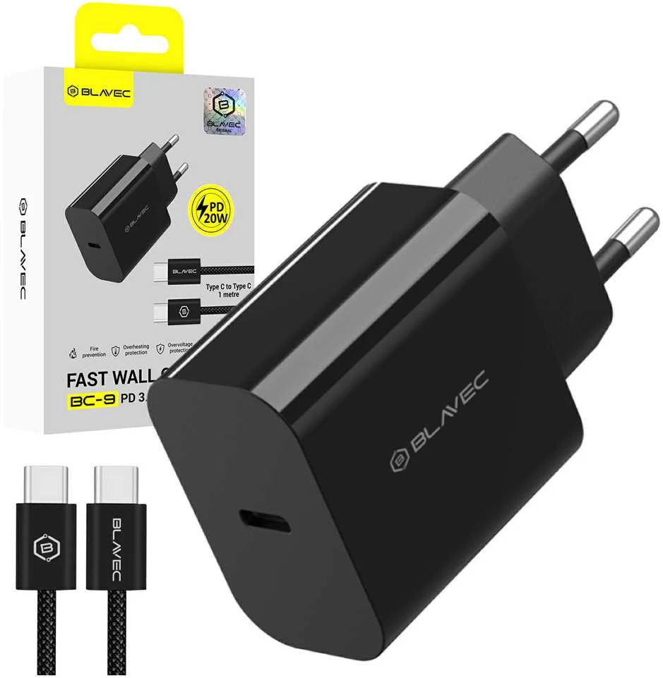 „Blavec“ sieninis įkroviklis BC-9 „Type C“ – PD 20W 3A su C–C tipo laidu (TCBC9-CB203A+CC) juodos spalvos