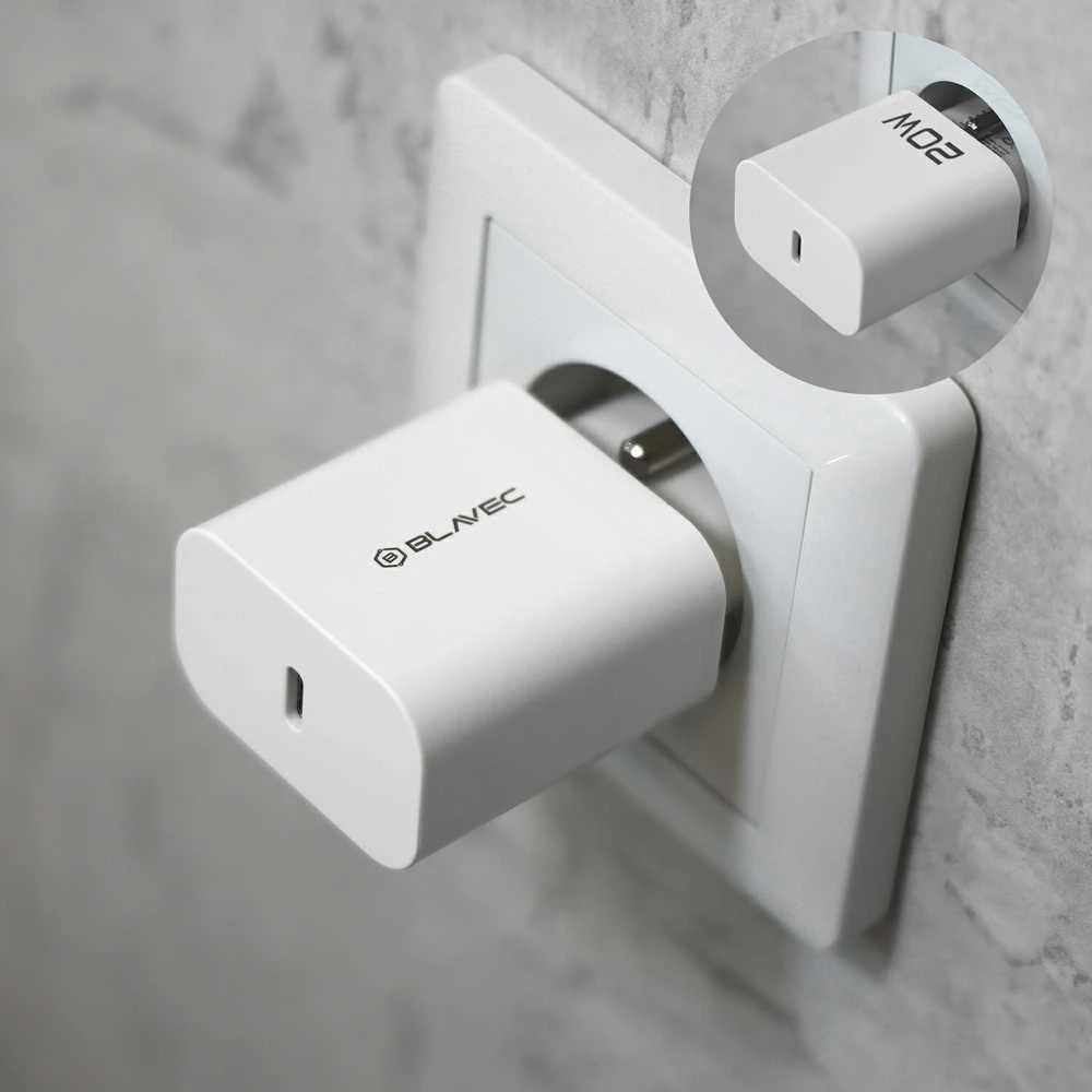 Blavec sieninis įkroviklis BC-9 – C tipo – PD 20W 3A su C tipo į C tipo laidu (TCBC9-CW203A+CC) baltas