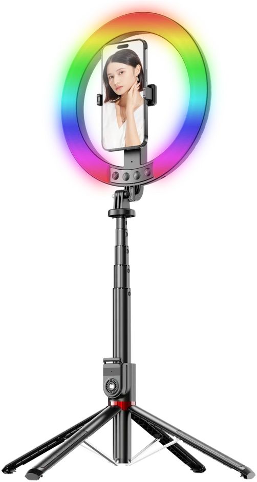 Blavec žiedinis šviestuvas Selfie Aliuminio Aura LED RGB Ring P50 25cm tripod + nuotolinis valdymas + 2,3 metra (RLP50-TRB23) juodos spalvos