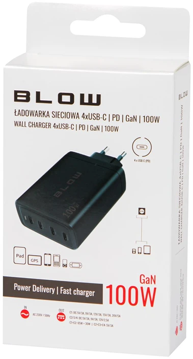 Blow Sieninis įkroviklis USB-Cx4 PD 100W GAN juodas