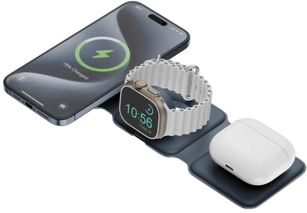 ENERGEA Bazic GoMag Trio Plus Compact Foldable 3-in-1 Belaidis įkroviklis 15W Fast Charging Navy Mėlyna