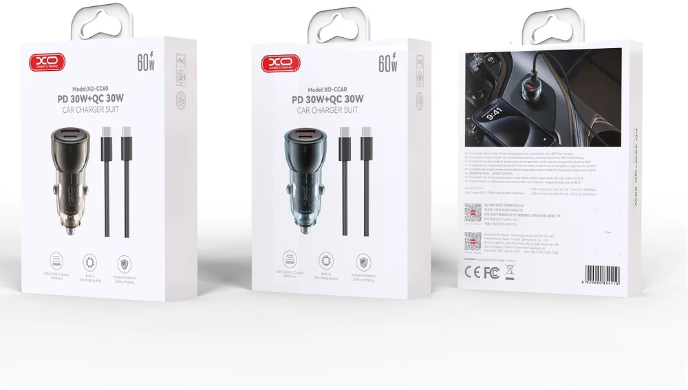 XO automobilinis įkroviklis CC60 60W 1x USB 1x USB-C mėlynas + USB-C – USB-C laidas