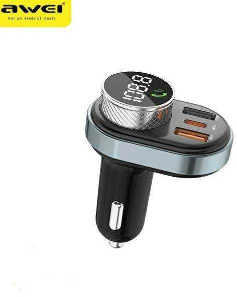 AWEI C-843 laisvų rankų įranga su FM siųstuvu, Bluetooth 5.0, MP3, 1xUSB+1xUSB-C juodas