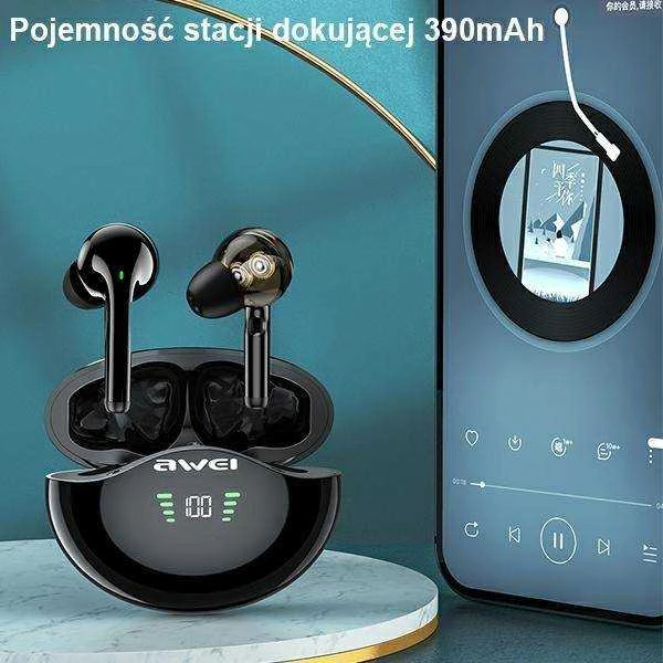 AWEI Bluetooth 5.3 T12P TWS ausinės + docking station juodos spalvos
