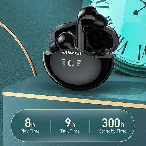 AWEI Bluetooth 5.3 T12P TWS ausinės + docking station juodos spalvos